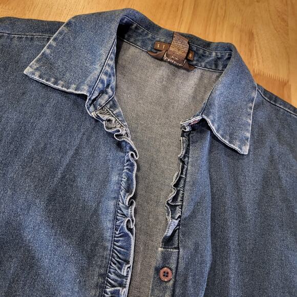 Van Heusen Denim Collared Button Down Cotton Ruffle Detail Medium Stretch - Picture 3 of 8